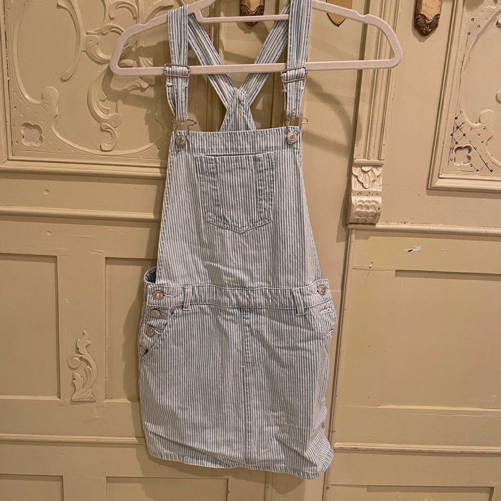 Blue and white striped overall dress
